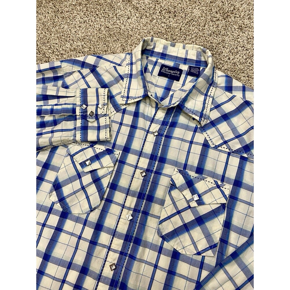 Vintage Wrangler Shirt Mens L Pyramid Pearl Snap Whipstitch Western Retro Plaid